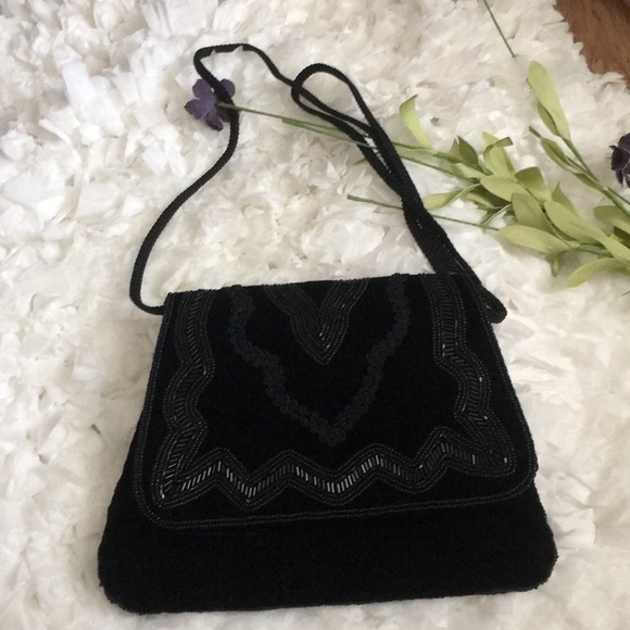 Vintage Black Velvet and Beaded Purse With Fringe by La Regale 